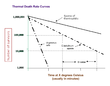 <ul><li><p>Heat denatures enzymes </p></li><li><p><strong>Thermal Death Point (TDP): </strong>lowest temperature at which all cells in a liquid culture are killed in 10 minutes </p></li><li><p><strong>Thermal Death Time (TDT): </strong>minimal time for all bacteria in a liquid culture to be killed at a particular temperature </p></li><li><p><strong>Decimal Reduction Time (DRT): </strong>Minutes to kill 90% of a population at a given temperature </p></li></ul><p></p>