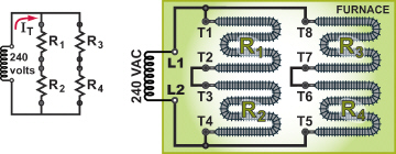 <p><em>Both the schematic (near right) and the pictorial drawing (far right) are shown. The fixed resistance of EACH of the four elements in the furnace is </em><strong><em>40 ohms.</em></strong></p><p><span>Refer to Figure 129.104. When connected to the circuit, the total current drawn by the furnace (</span><em>all four heating elements together</em><span>) is ___ amps.</span></p>