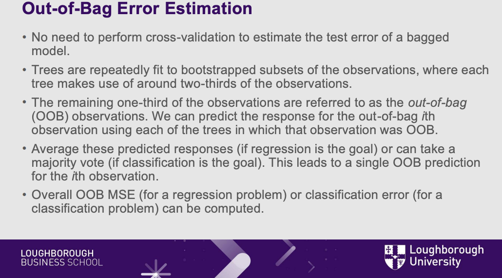 <ul><li><p><strong>What it means:</strong> Because of the random sampling, Bagging has a built-in testing system .</p><p></p></li><li><p></p><p><strong>The translation:</strong> When the computer pulls a random sample to build a tree, it leaves about 1/3 of the spreadsheet behind . It can immediately use that leftover data to test the tree and see how accurate it is, saving you a massive amount of coding time</p></li></ul><p></p>