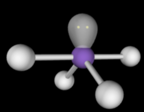 <p>5 electron domains</p><p>4 bonding domains</p><p>1 lone pair</p><p>90 and 120 degree angles</p>