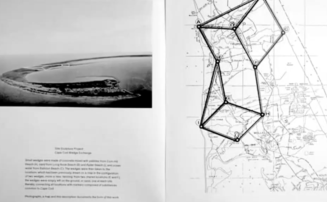 <p>1968, map with a drawing, photograph and text. Dug up sand at certain points and reburied at others. The drawing shows connections between these points. Multi-positional aspect, connecting viewer with work with world. </p>