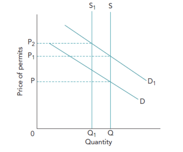 <p>Cutting supply shifts the permit supply curve left. Permit prices rise (e.g., to P₂), increasing financial pressure on firms to invest in cleaner technologies reducing total emissions.</p>