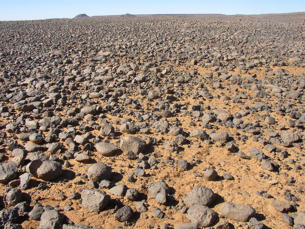 <p>a hamada (desert pavement) that has a covering of pebbles + gravel on the top<br>→ lowkey just looks like a bunch of rocks on flat ground</p>
