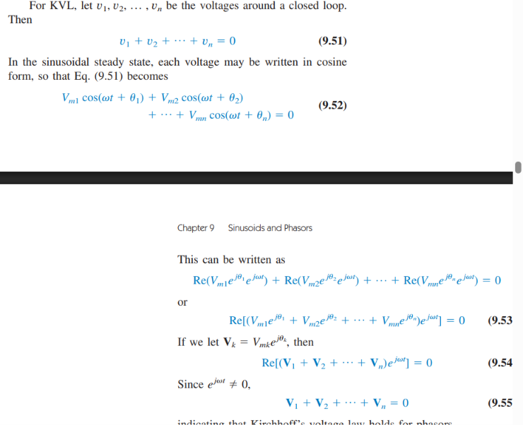 <p>KVL applies to AC circuits in the frequency domain just as it does to DC circuits in the time-domain. The sum of all of the phasor voltage drops and rises will always equal 0; furthermore, the phasor voltage source must always equal all of the phasor voltages in the circuit itself throughout so. </p><p></p><p></p>