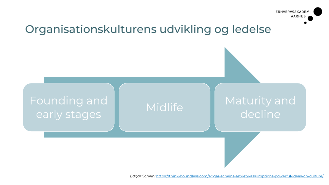 <ul><li><p><strong>Founding:</strong> Kulturen styres af lederen.</p><ul><li><p>+ Klar retning</p></li><li><p>- Afhængighed af lederen</p></li></ul></li><li><p><strong>Midlife:</strong> Kulturen bliver opdelt og mere kompleks.</p><ul><li><p>+ Specialisering (forskellige afdelinger udvikler egne kompetencer)</p></li><li><p>- Risiko for siloer (manglende samarbejde og fælles forståelse på tværs)</p></li></ul></li><li><p><strong>Maturity/decline:</strong> Kulturen bliver stabil og fast.</p><ul><li><p>+ Stabilitet</p></li><li><p>- Modstand mod forandring (svært at ændre vaner og implementere nye idéer)</p></li></ul></li></ul><p></p>