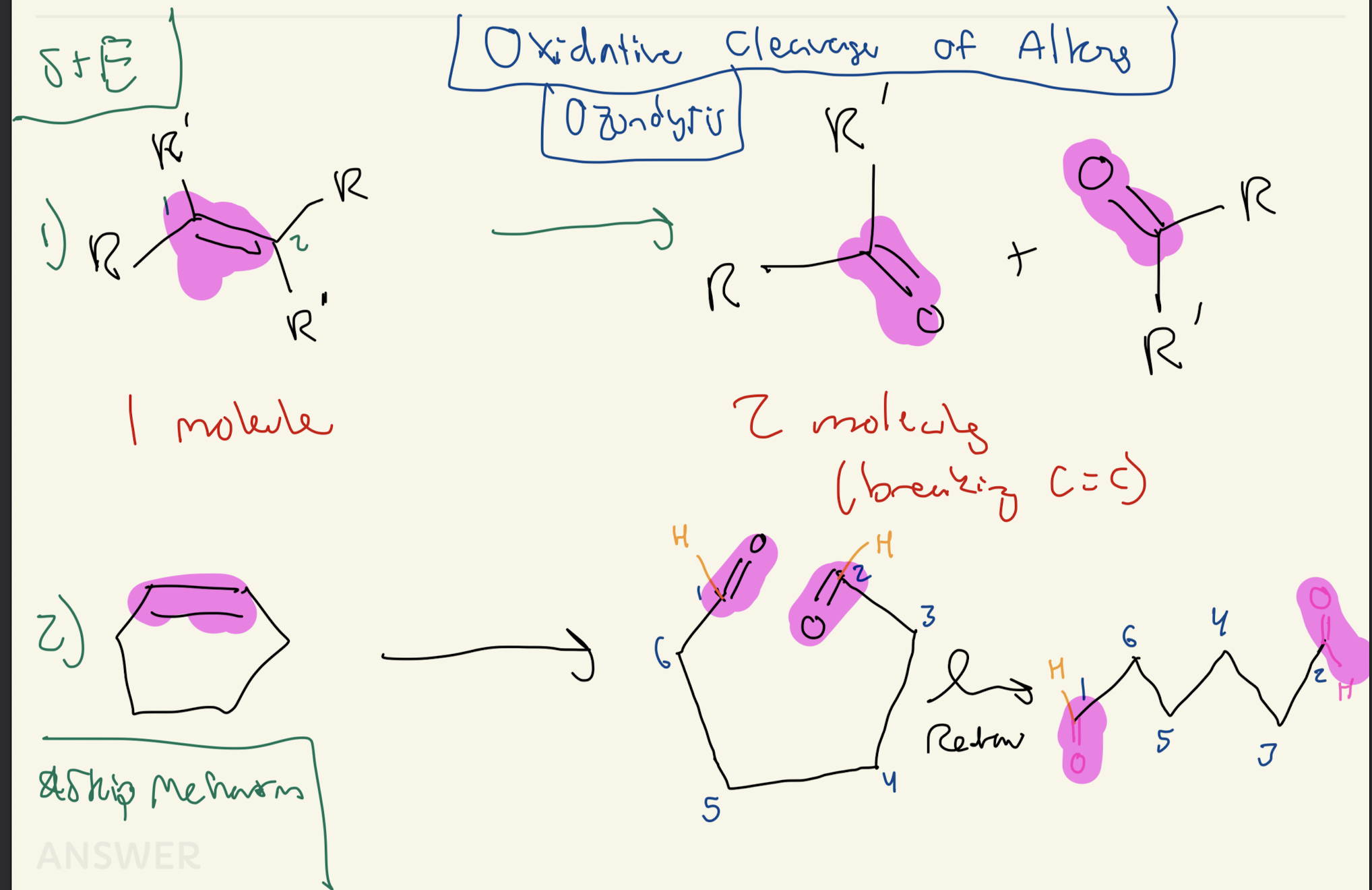 <p>OZONOLYSIS<br></p><p>Oxidative Cleavage of ALKENES</p><p>Skip Mechanism</p><p>1 to 2 molecules</p><p>If Cyclohexane → Unwind it</p>