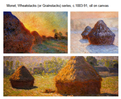 <p><strong>Identification:</strong></p><ul><li><p>Artist: Monet</p></li><li><p>Title: <em>Grainstack in Sunshine</em></p></li><li><p>Date: 1891</p></li><li><p>Movement: Impressionism</p></li></ul><p><strong>Historical Context:</strong></p><ul><li><p>Part of Monet’s haystack (grainstack) series, where he painted the same subject under different lighting conditions.</p></li><li><p>The haystacks represent rural agricultural life in France.</p></li><li><p>At a time of increasing industrialization, these images reflect a sense of <strong>nostalgia for the countryside</strong>, which was gradually changing or disappearing</p></li></ul><p><strong>Style:</strong></p><ul><li><p>Thick application of paint with bold, visible color (blues, yellows, golds).</p></li><li><p>The form of the haystack is simplified and begins to feel slightly abstract.</p></li><li><p>Light and atmosphere dominate the image, making the surface appear to shift and “pulse.”</p></li><li><p>The focus is less on detail and more on how the eye perceives the subject in changing light.</p></li></ul><p><strong>Themes:</strong></p><ul><li><p>The painting is a study of how <strong>light transforms a single object over time</strong>.</p></li><li><p>The haystack itself becomes secondary to the visual experience of color and atmosphere.</p></li><li><p>The simple, almost house-like form gives the subject a strong visual presence.</p></li><li><p>It reflects a quiet appreciation and nostalgia for rural life and agricultural labor.</p></li><li><p>The repeated focus on the same subject suggests a more <strong>meditative and observational process</strong>.</p></li></ul><p></p>