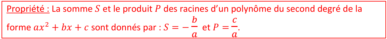 <p>On utilise la formule de la <strong>Somme S</strong> et <strong>Produit P</strong> des racines d’un trinôme.<br>Si nous avons 2 racines, S c’est <strong>x_1 + x_2</strong> donc il nous reste à <strong>soustraire</strong> une racine pour trouver l’autre.<br>P c’est <strong>x_1 * x_2</strong> donc il nous reste à <strong>diviser</strong> le résultat par une des racines pour trouver l’autre.</p>