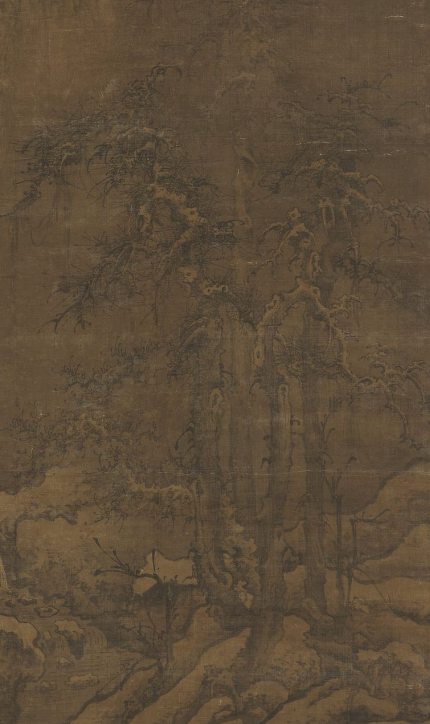 <p>These elegant trees with “crab-claw branches” are typical of Li Cheng-style trees: the trunks are long and elegant, painted with lighter wash, but the branches are thin and knarled, drawn with fast, drier ink in angular strokes, resembling “crab-claws.” (see detail above, not required for midterm) The trees’ bare, brittle look and the angular branches reinforces a sense of coldness and desolation. Later Guo Xi is said to have imitated Li Cheng’s trees.</p><p></p>