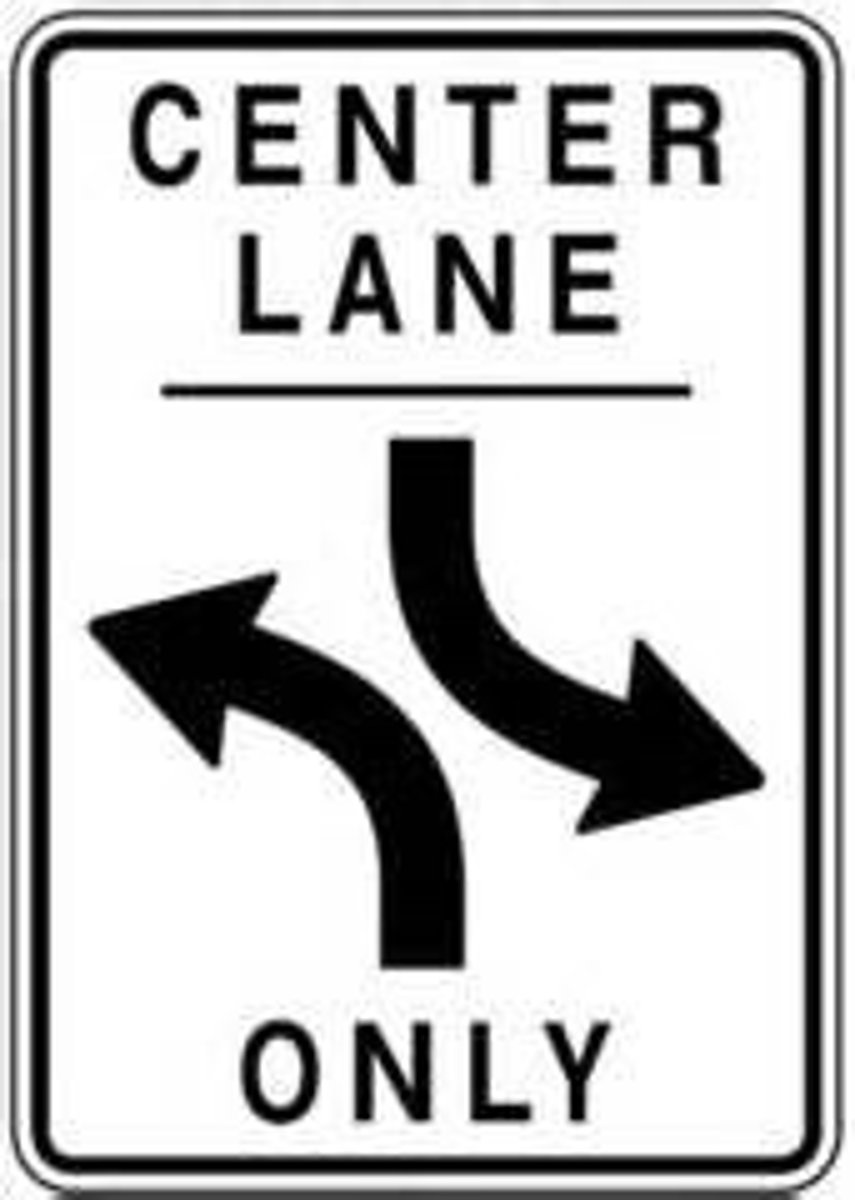 <p>shared center lane left turn only, when a lane is reserved for left turn vehicles in both directions. not to be used for through traffic or passing other vehicles</p>