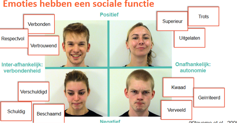 <p>Deelnemers uit beide culturele contexten maakten daarbij niet alleen een onderscheid tussen positieve en negatieve emoties, maar ook tussen emoties die autonomie benadrukken (bv. trots, boosheid) of die verbondenheid benadrukken (bv. vriendschappelijke gevoelens, schaamte).</p>