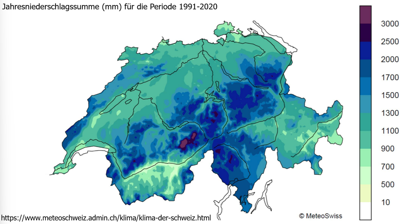<ul><li><p>Alpennordseite: konvektiv</p></li><li><p>Alpensüdseite: orographisch, frontal</p></li><li><p>ganze Schweiz</p></li></ul><p></p>
