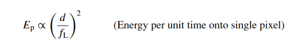 <p>Both focal length and area of aperature (energy per unit time)</p><p>the image area depends inversely on the<br>plate scale: a smaller scale will put more energy into fewer pixels and<br>result in a better S/N detection for the same exposure time</p><p><span>Consider a circular source on the sky of angular diameter . For</span><br><span>telescopes with the same collecting area, but different focal length, the</span><br><span>energy per pixel scales as: 𝐸𝑝 ∝ 𝑠−2 ∝ 𝑓𝐿</span><br><span>−2</span></p>