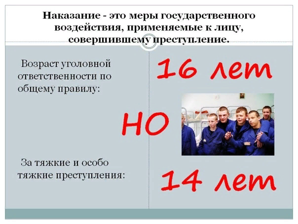 1. Объект — на что напали (напр., при краже объект — право собственности). 2. Объективная сторона — само действие (напр., взлом двери и вынос вещей). 3. Субъект — кто совершил (напр., вменяемый человек). 4. Субъективная сторона — мысли и цели (напр., желание обогатиться). 5. Общий возраст (16 лет) — отвечает за всё (напр., за хулиганство). 6. Пониженный возраст (14 лет) — только за тяжкие (напр., 15-летний ответит за убийство или грабеж, но не за мелкий проступок). [END]