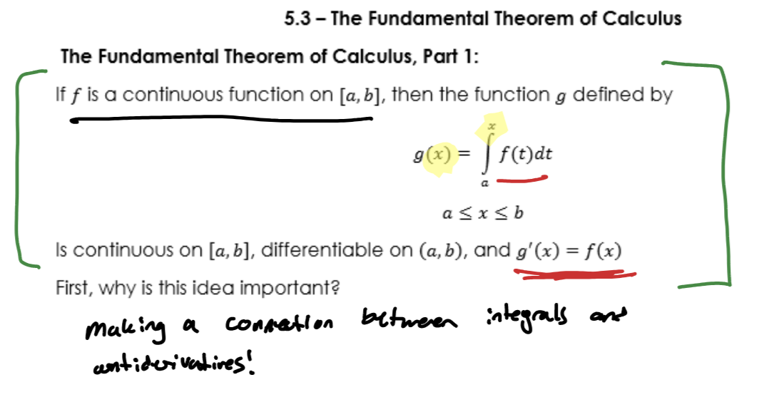 <p>If function f is continuous on [a,b],</p><p></p><p>then the integral from a → x is = g(x)</p><p>WHERE:</p><p>g(x) is also continuous on [a,b],</p><p>differentiable on (a,b)</p><p>and g’(x) = f(x)</p><p></p>