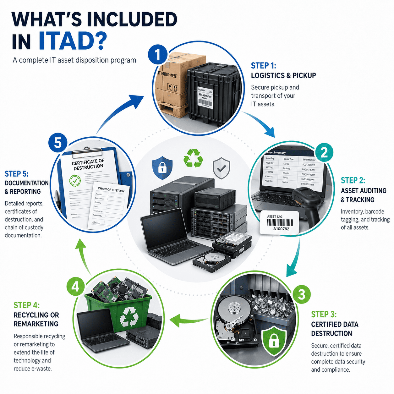 <p>The secure reuse, refurbishment, recycling, or disposal of outdated electronic equipment.</p>