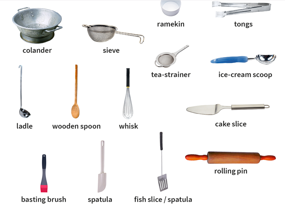 <p>→ a tool with a particular use, especially in a kitchen or house </p>