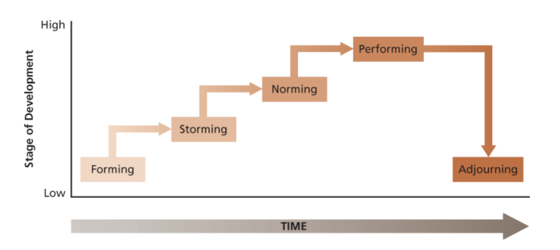 <ol><li><p>Forming</p></li><li><p>Storming</p></li><li><p>Norming</p></li><li><p>Performing</p></li><li><p>Adjourning</p></li></ol><p></p>