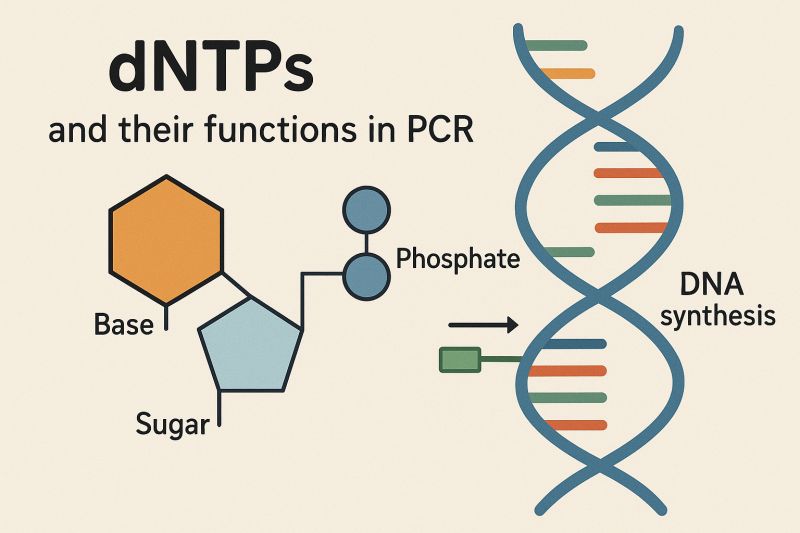 <p>The essential, free-floating building blocks of DNA. Consist of a sugar, phosphate group, and ¼ nitrogenous bases (A, T, C, G). During DNA replication or PCR, they are added by polymerases to synthesize new DNA strands, providing the necessary energy for synthesis</p>