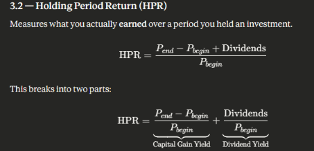 <p>HPR measures historical/realized returns and is calculated as (Ending Price - Beginning Price + Dividends) / Beginning Price.</p>