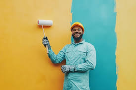 <p>The man is painting the wall.</p>