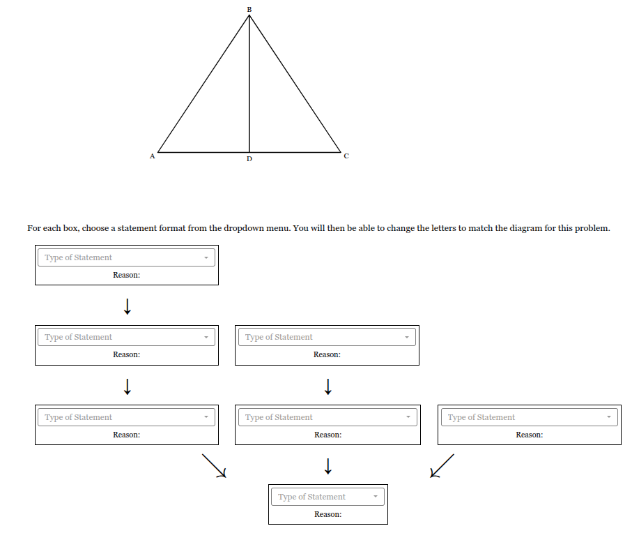 <p>Given <span style="font-family: KaTeX_Main, "Times New Roman", serif; line-height: 1.2; font-size: 1.21em;"><em>BD</em></span> bisects <span style="font-family: KaTeX_Main, "Times New Roman", serif; line-height: 1.2; font-size: 1.21em;"><em>AC</em></span> and <span style="font-family: KaTeX_Main, "Times New Roman", serif; line-height: 1.2; font-size: 1.21em;"><em>AC</em>⊥<em>BD</em></span>, prove <span style="font-family: KaTeX_Main, "Times New Roman", serif; line-height: 1.2; font-size: 1.21em;">△<em>ABD</em>≅△<em>CBD</em></span> by filling out the flowchart below.</p>