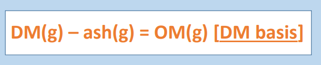 <p>***Just like <strong>water </strong>is measured in large part to <span style="color: blue;"><strong>determine the DM content </strong></span>of a feed, <strong>ash </strong>is measured in large part to <span style="color: red;"><strong>determine the ____ content</strong></span> of a feed. </p>