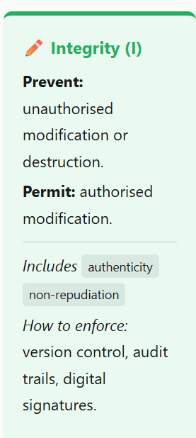 <p>guarding against improper information modification or destruction, and includes ensuring non-repudiation and authenticity</p>