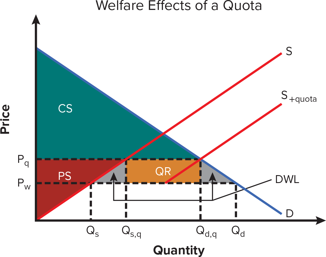 <p>consumer surplus falls, producer surplus rises, owners of quota rights gain, overall soceity is worse off</p>