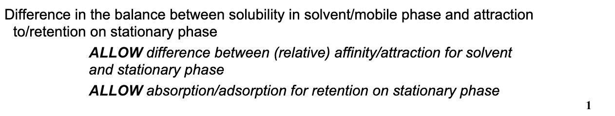 <p>difference in balance between solubility in the mobile phase and retention by the stationary phase</p>