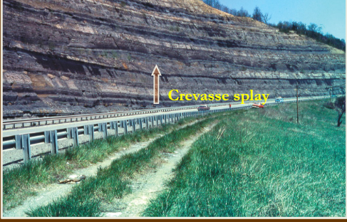 <p>Initial upward coarsening. Often sandy, fan-shaped bedforms which accrete into the floodplain due to breaks in the channel/levee</p>
