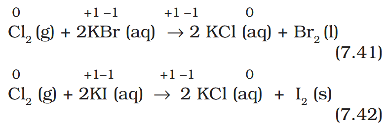 <p>Reactions (7.41) and (7.42) form the basis of identifying Br<sup>–</sup> and I<sup>–</sup> in the laboratory through the test popularly known as ‘Layer Test’.</p>