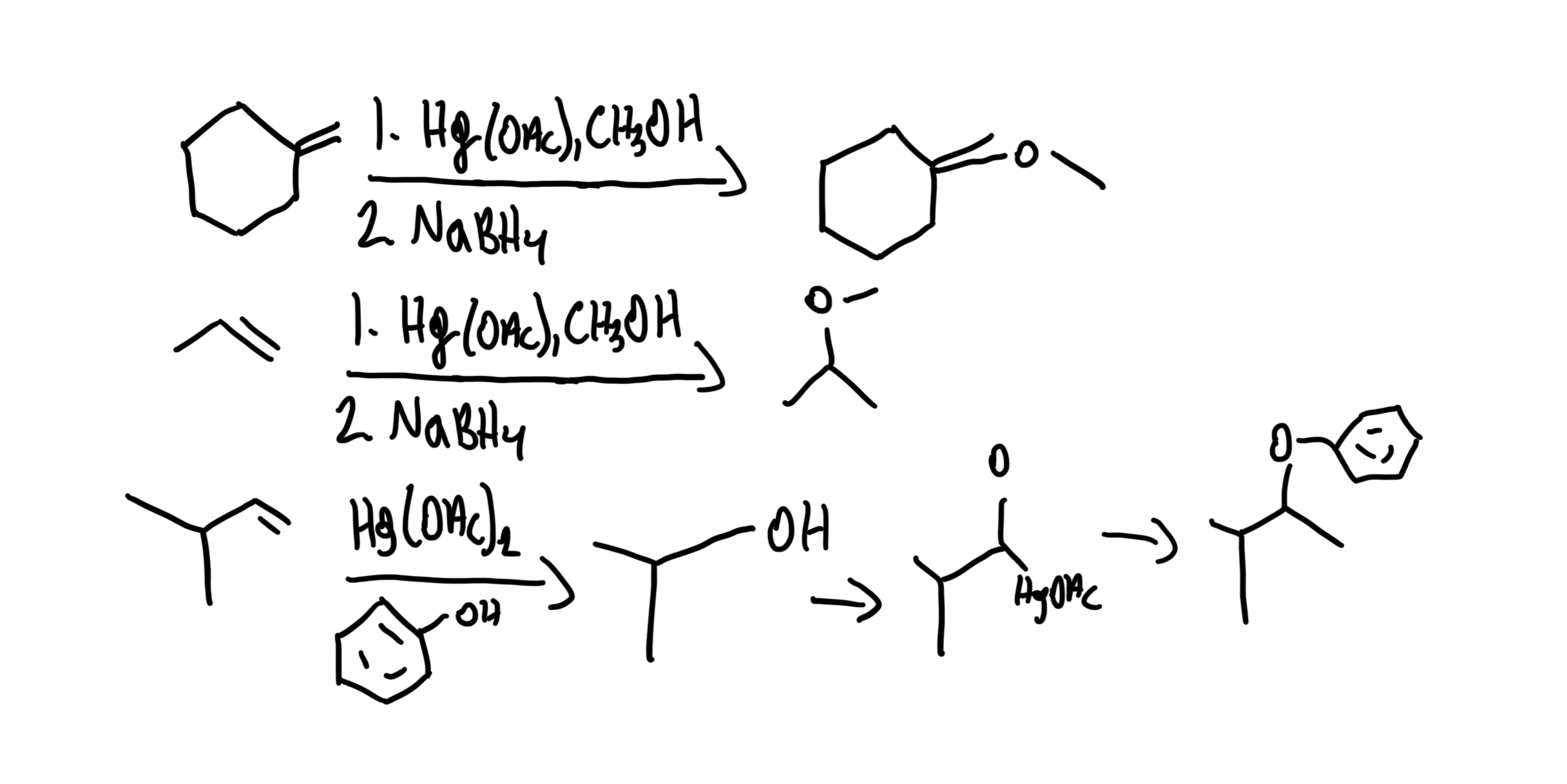 <p>Alkene + Alcohol → Ether (Markovnikov) using 1) Hg(OAc)₂, ROH 2) NaBH₄. No rearrangements.</p>