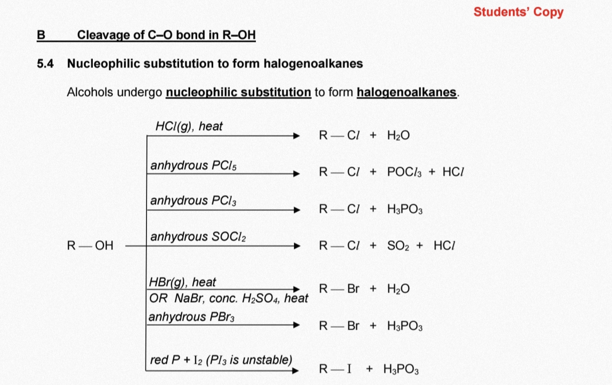 <p>Formation of halogenoalkanes from alcohols via nucleophilic sub</p>