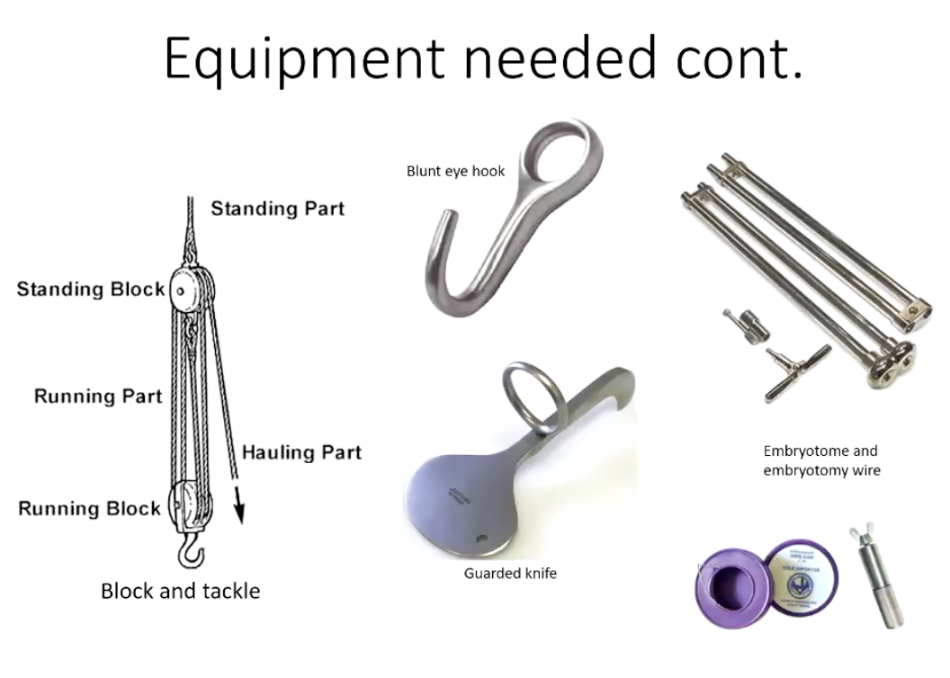 <ul><li><p>Calving aid - jack</p></li><li><p>The Gyn Stick - indications for upside down calf or twisted uterus</p></li><li><p>Other equipment: ropes, eye hook, embryotome, embryotomy wire, lube, disinfectant, c section kit, local, clenbuterol, oxytocin, NSAID, broad spectrum abs</p></li></ul><p></p>