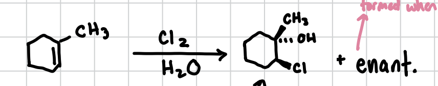 <p>Adds a halogen in a trans fashion to one side of an alkene and a hydroxyl group to the other side. Will also form the enantiomer.</p><p>Reagents: X2, H2O </p>