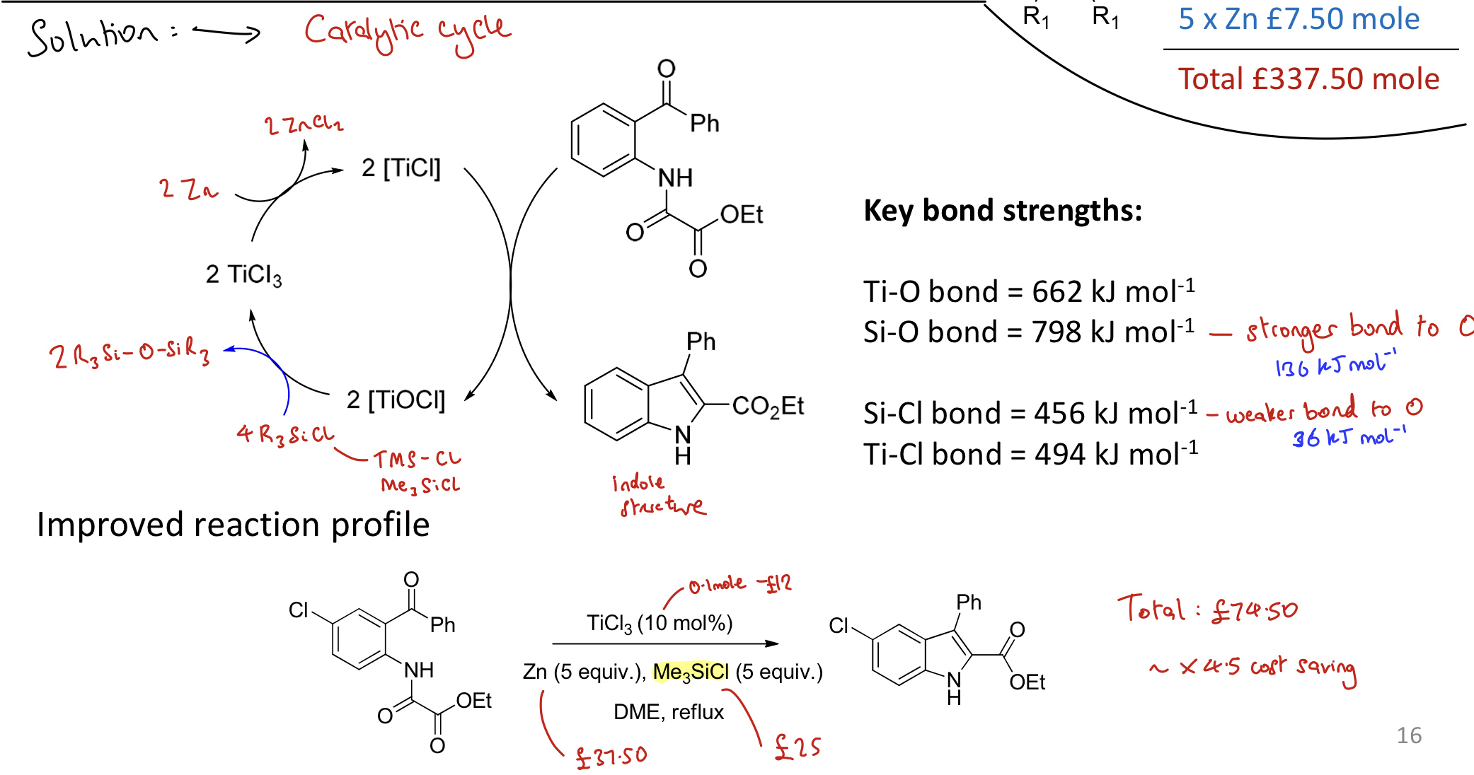 <p>Creating catalytic process. Reduces costs.</p><p>A replenishing species (Me<sub>3</sub>SiCl) is introduced → allows low valent Ti species to reform and be reused.</p><p><br><span>Using 4 Me<sub>3</sub>SiCl to oxidise 2 TiOCl back to 2 TiCl<sub>3</sub> to recover the catalyst, removing 2 (Me<sub>3</sub>Si)<sub>2</sub>O</span></p>
