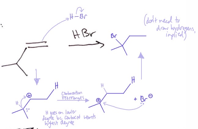 <p>alkene takes an H from HBr/ HI on lower degree → carbocation rearranges → Br-/I- attaches to carbocation</p>