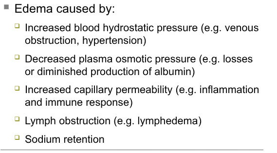<p>accumulation of fluid in interstitial spaces, increased risk for tissue damage, can be in extremities heart or lungs, dependent edema, putting edema</p><p>causes: image</p>