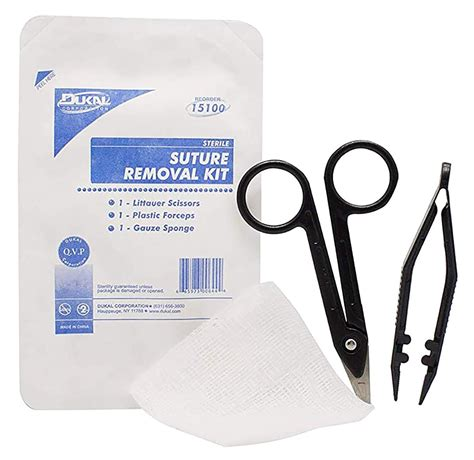 A disposable kit typically containing suture scissors, thumb forceps, alcohol swab, and gauze squares.