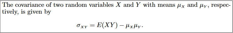 <p>-determines the linear relationship between two Random Variables (positive/negative)</p><p>-E(XY) - μ<sub>x</sub>μ<sub>y</sub></p>