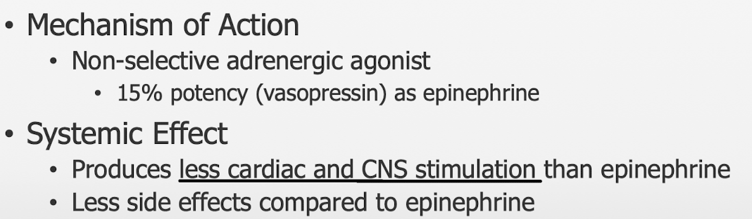 <p>Less CV concern compared to epinephrine because only 15% of potency</p>