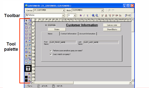 <ul><li><p>Is a graphical design facility for creating and arranging interface </p></li></ul><p>items and graphical objects in your application. You can use the Tool palette and </p><p>the toolbar available in this to design the style, color, size, and </p><p>arrangement of visual objects in the application. The layout can include graphical </p><p>objects and images.</p>