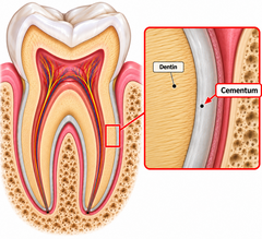 <p>A thin layer of calcified tissue that covers the root of the tooth and provides attachment for the periodontal ligament fibers.</p>