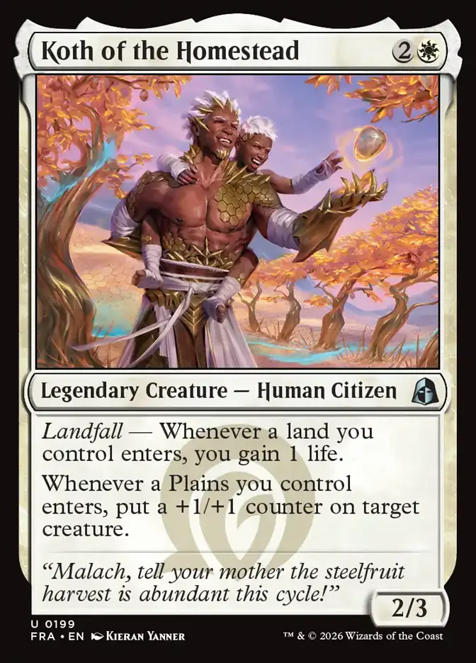 <p><em>Landfall</em> — Whenever a land you control enters, you gain 1 life.</p><p>Whenever a Plains you control enters, put a +1/+1 counter on target creature.</p>