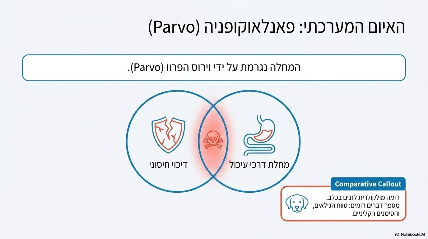 <ul><li><p><strong>הגורם:</strong> המחלה נגרמת על ידי <strong>וירוס הפרוו</strong> של חתולים, אשר דומה מבחינה מולקולרית לזני הפרוו בכלבים.</p></li><li><p><strong>נקודות דמיון:</strong> בשני המינים המחלה משלבת בצורה חריפה <strong>דיכוי חיסוני קשה</strong> יחד עם <strong>מחלת דרכי עיכול</strong>.</p></li><li><p><strong>נקודות שוני:</strong> המחלות נבדלות ביניהן ב<strong>טווח הגילאים</strong> של בעלי החיים הנפגעים וב<strong>סימנים הקליניים</strong> הספציפיים שהם מראים.</p></li></ul><p></p>