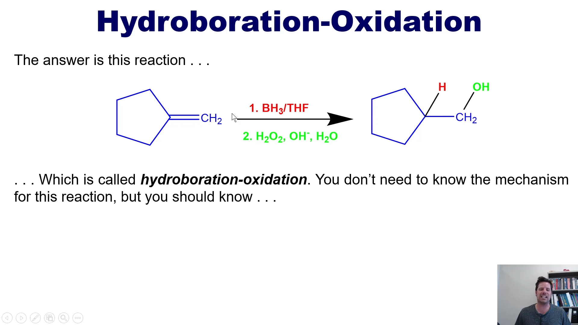 <p>adds an OH to the anti-markovnikov carbon</p><p>always SYN BH3</p>