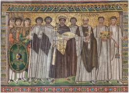 <p>A mosaic in San Vitale depicting Emperor Justinian with a gold background, emphasizing religious authority and lack of realism.</p>