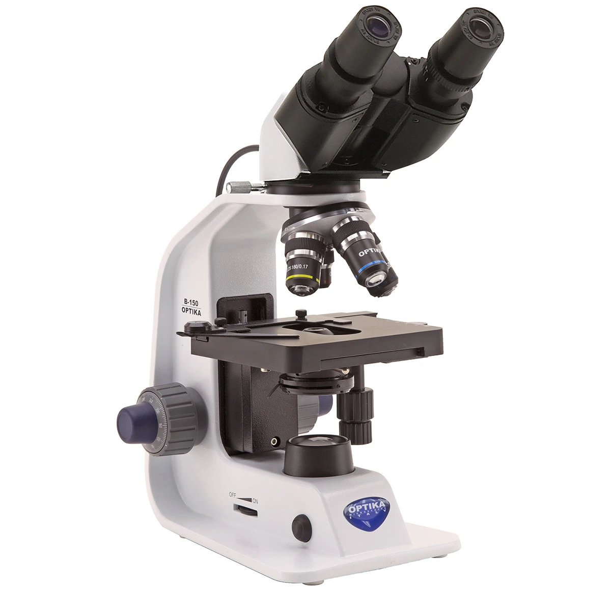 <p>A microscope with two eyepieces that uses visible light to magnify and view specimens on a bright background.</p>