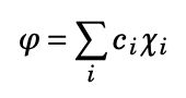 <p>a set of functions used to represent the molecular orbitals φ. χ is some undefined basis function and c is an expansion coefficient</p>